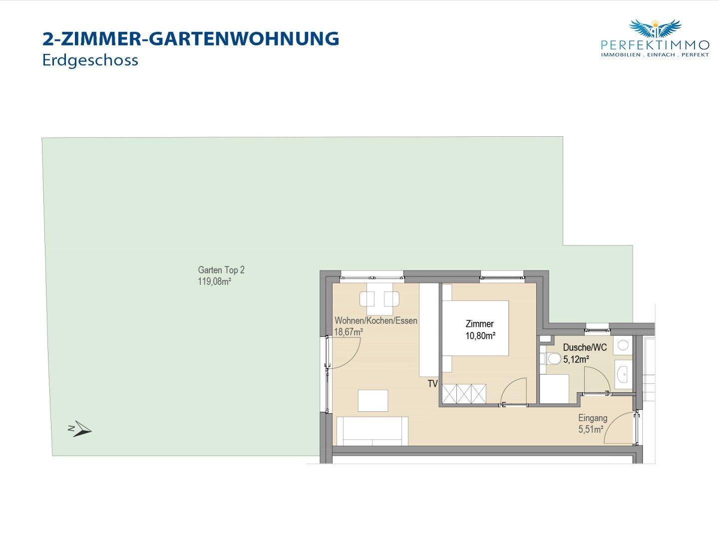 Grundriss einer 2-Zimmer-Gartenwohnung im Erdgeschoss mit offenem Wohnbereich.