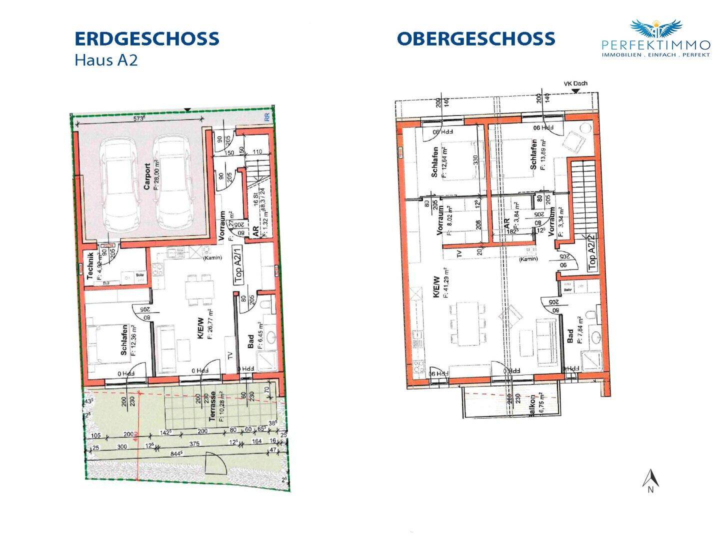 Grundrisse für Erdgeschoss und Obergeschoss von Haus A2 mit Raumaufteilung und Carport.