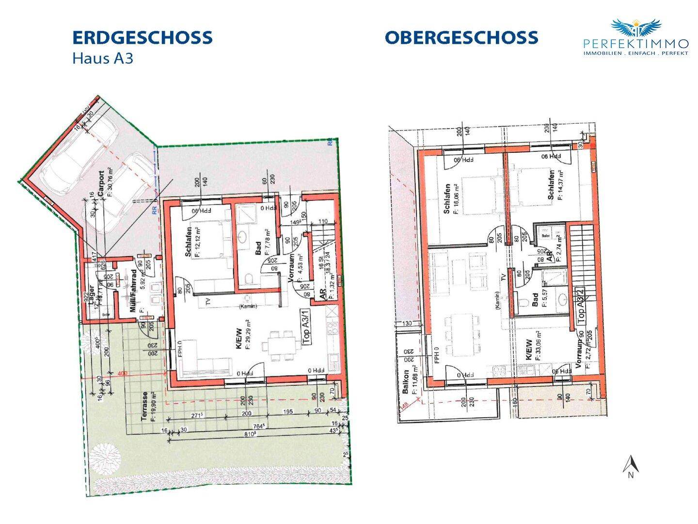 Grundrisse für Erdgeschoss und Obergeschoss von Haus A3 mit detaillierter Raumaufteilung und Zugängen zu Außenbereichen.