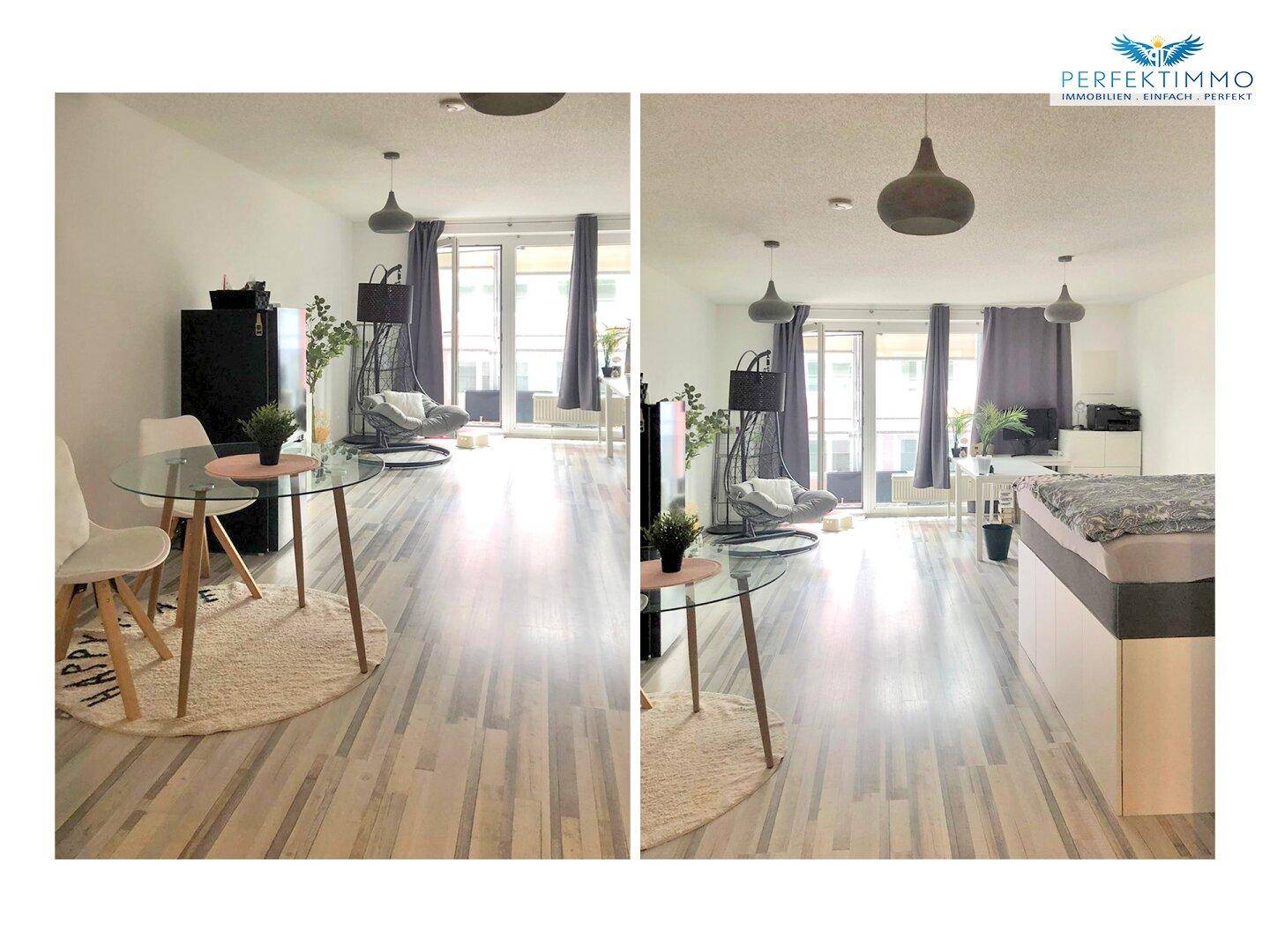 Helles, kombiniertes Wohn- und Schlafzimmer mit Laminatboden und Zugang zum Balkon.
