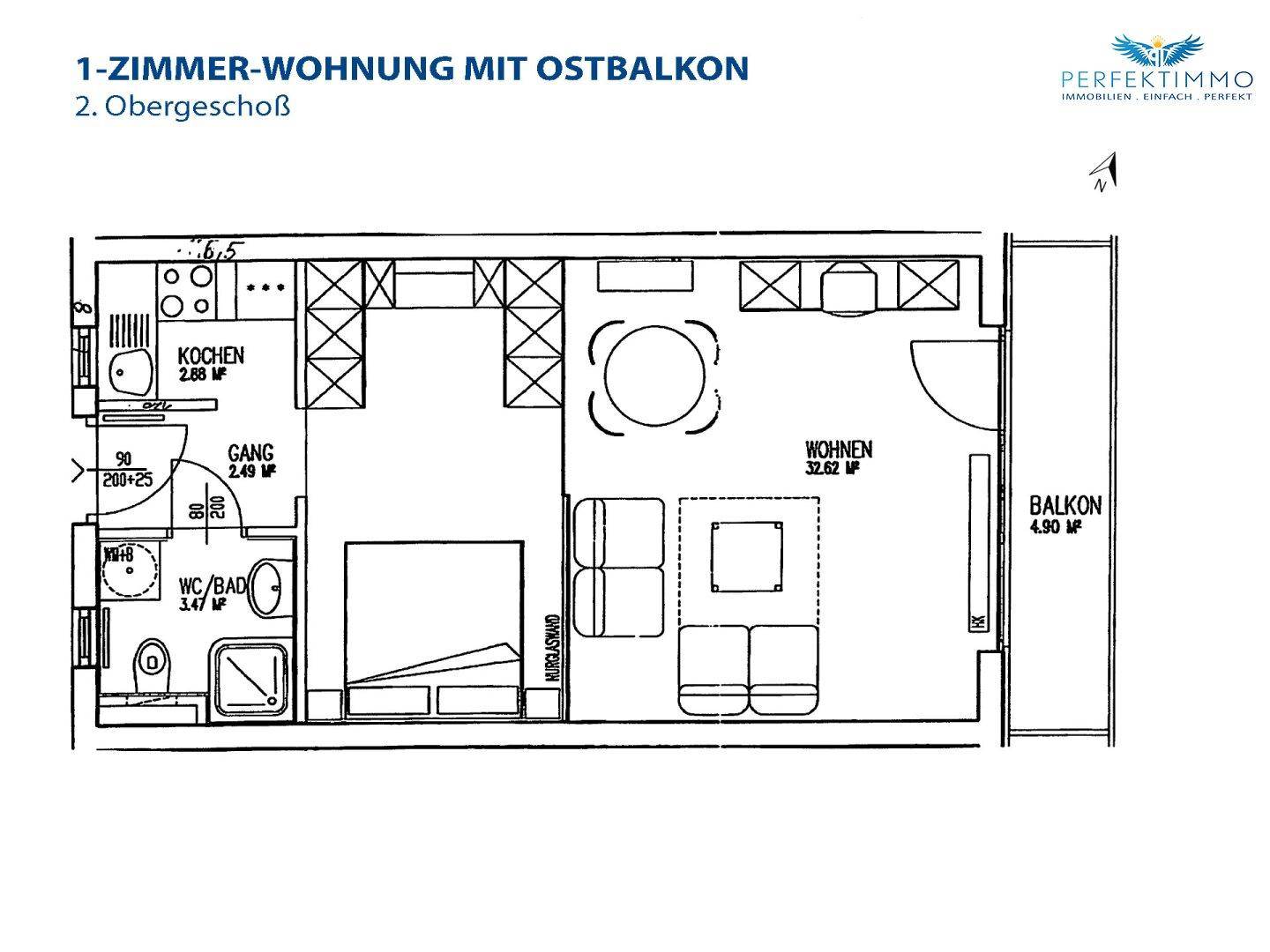Grundriss einer 1-Zimmer-Wohnung mit Ostbalkon im zweiten Obergeschoss.