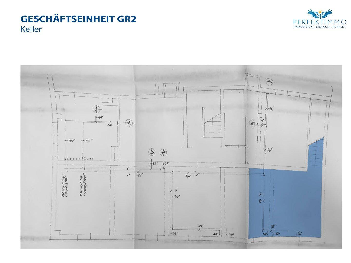 Grundriss der Geschäftseinheit GR2 im Kellergeschoss, mit markiertem Bereich und Treppenaufgang.