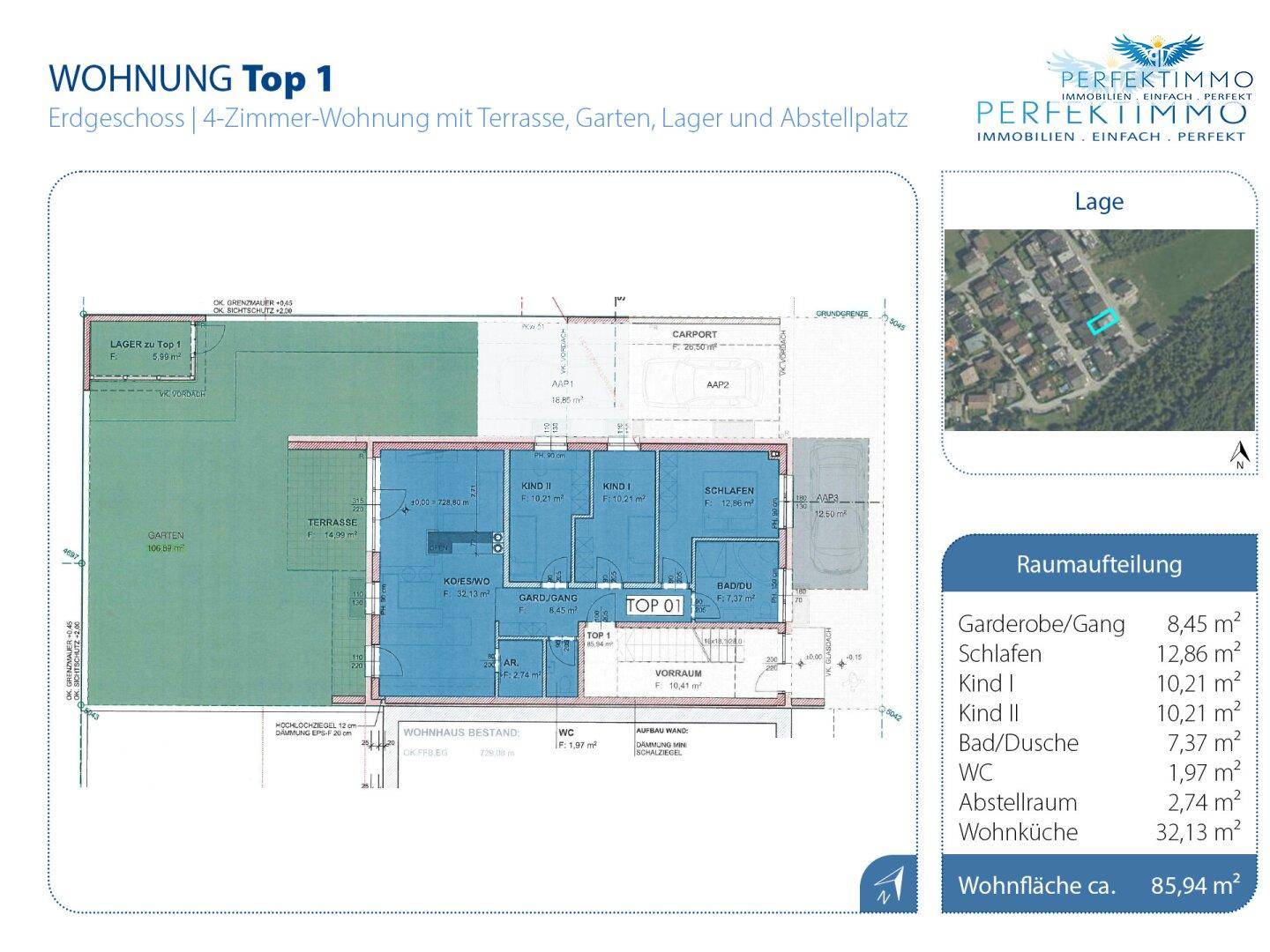 Detaillierter Grundriss einer 4-Zimmer-Wohnung im Erdgeschoss mit Terrasse und Garten.