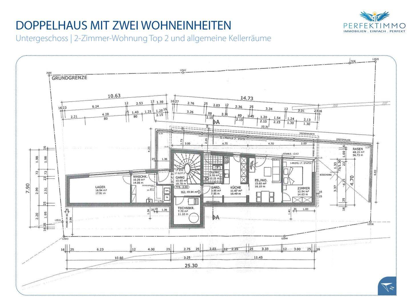 Grundriss des Untergeschosses mit 2-Zimmer-Wohnung, Keller und Technikräumen.