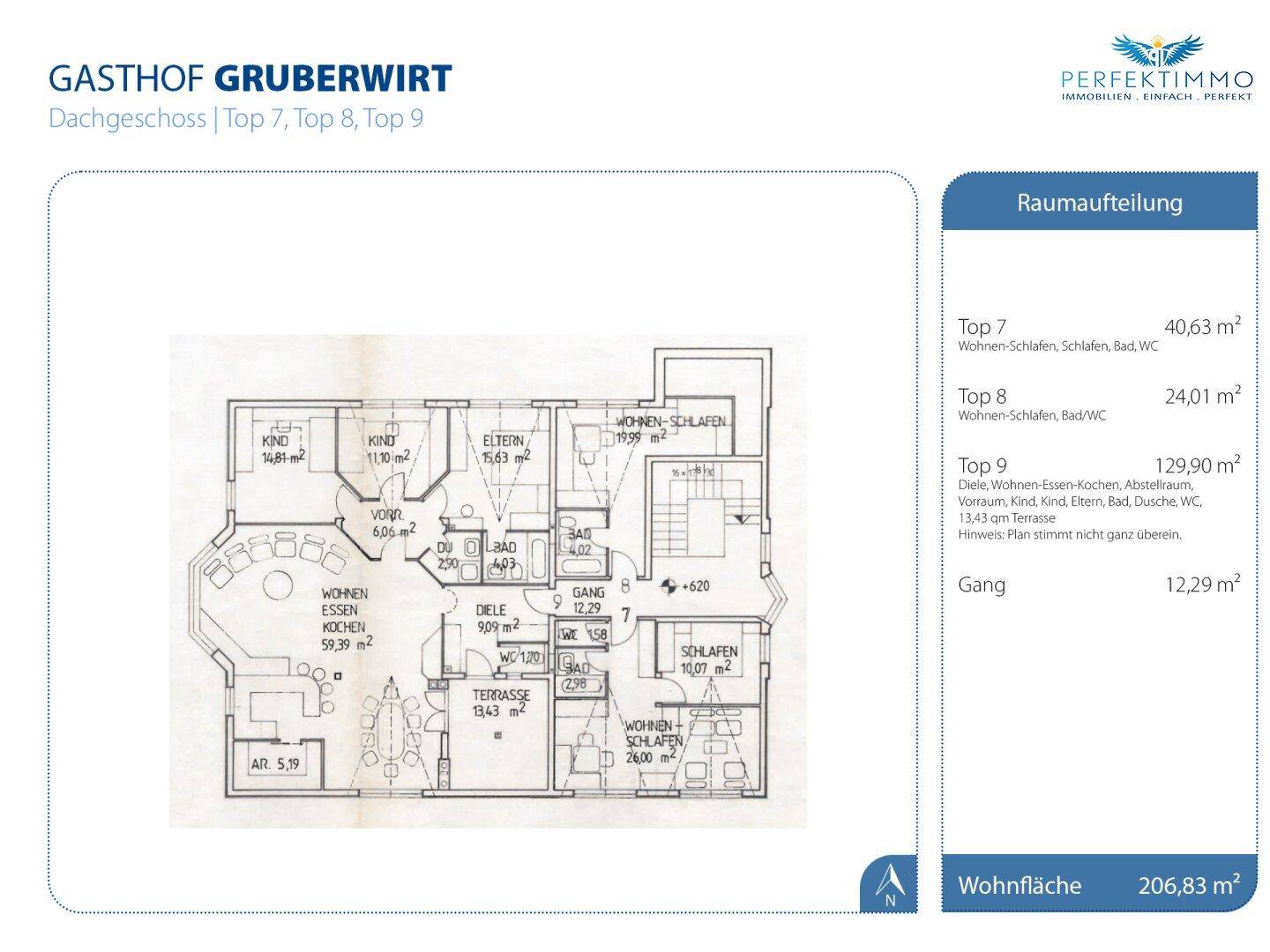 Grundriss des Dachgeschosses mit Wohnungen, Schlafzimmern, Bädern und einer Terrasse.