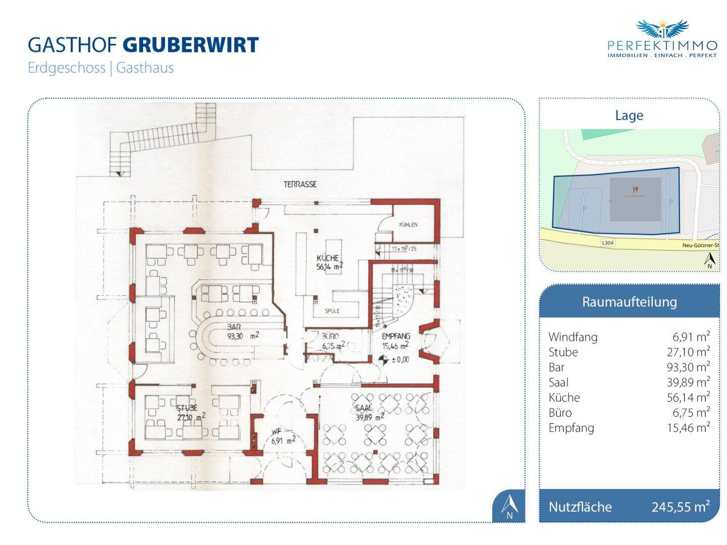 Grundriss des Erdgeschosses eines Gasthofs mit Küche, Empfangsbereich und Terrasse.