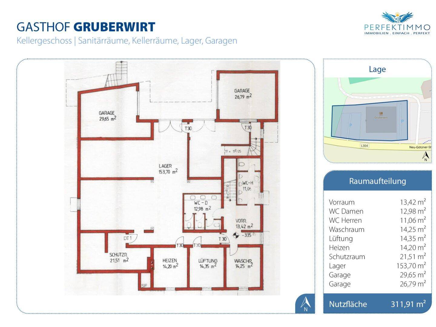 Grundriss des Kellergeschosses mit Garagen, Lagerräumen, Sanitäranlagen und Technikräumen.