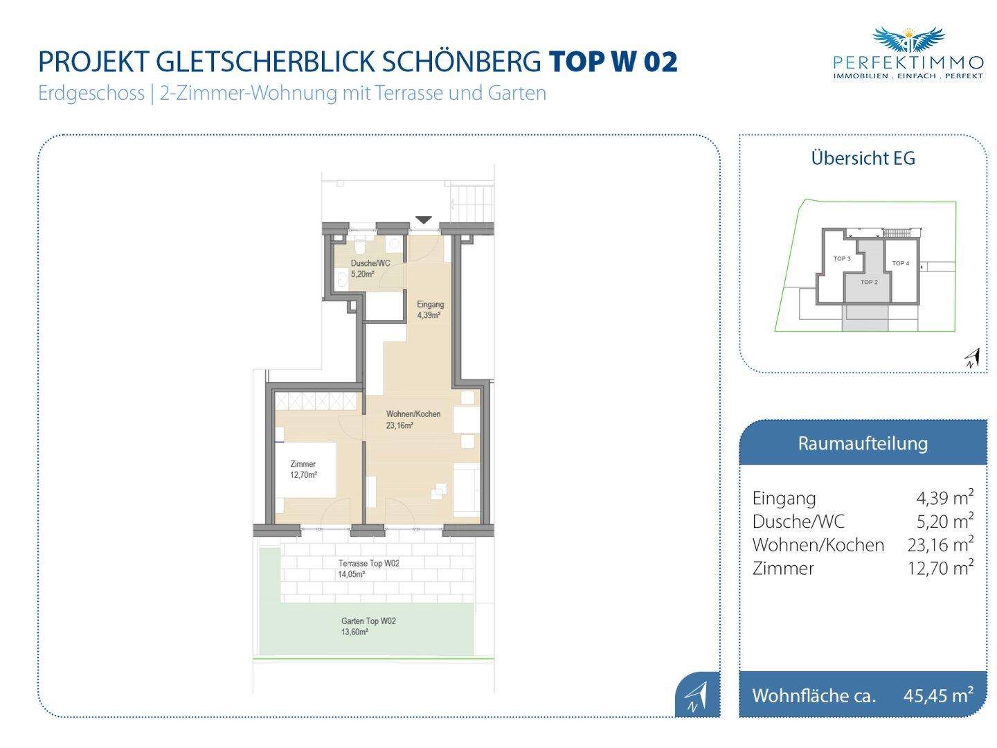 Grundriss des Erdgeschosses einer 2-Zimmer-Wohnung mit Terrasse und Garten.