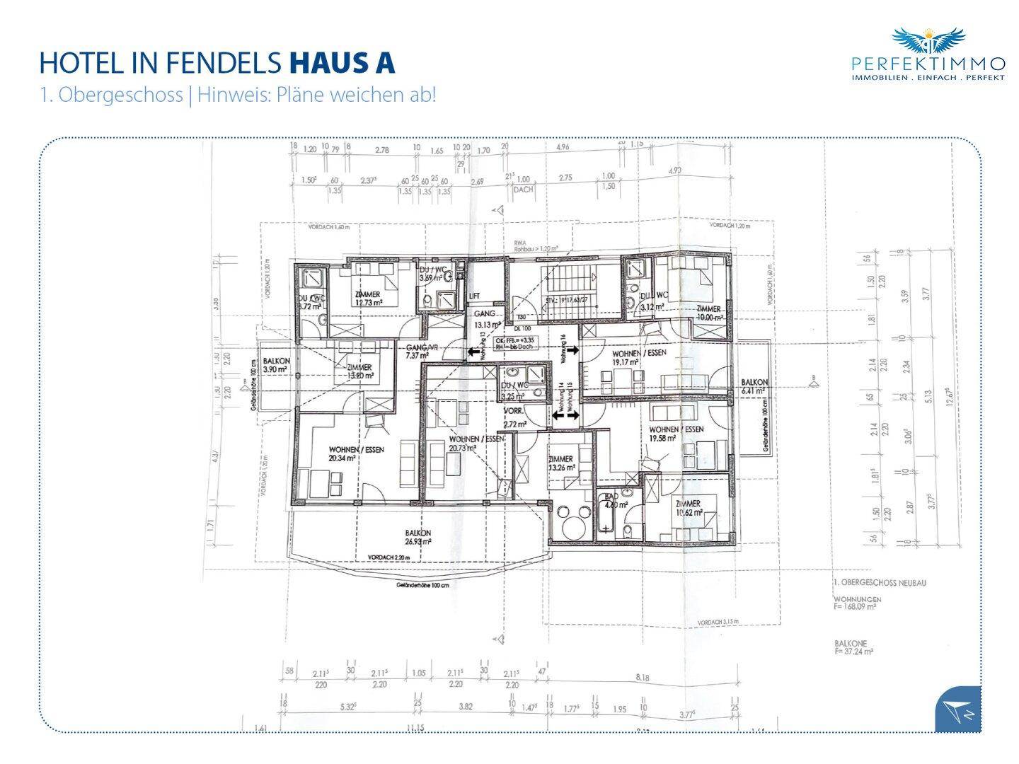 Grundriss des ersten Obergeschosses von Haus A mit mehreren Zimmern und Balkonen.