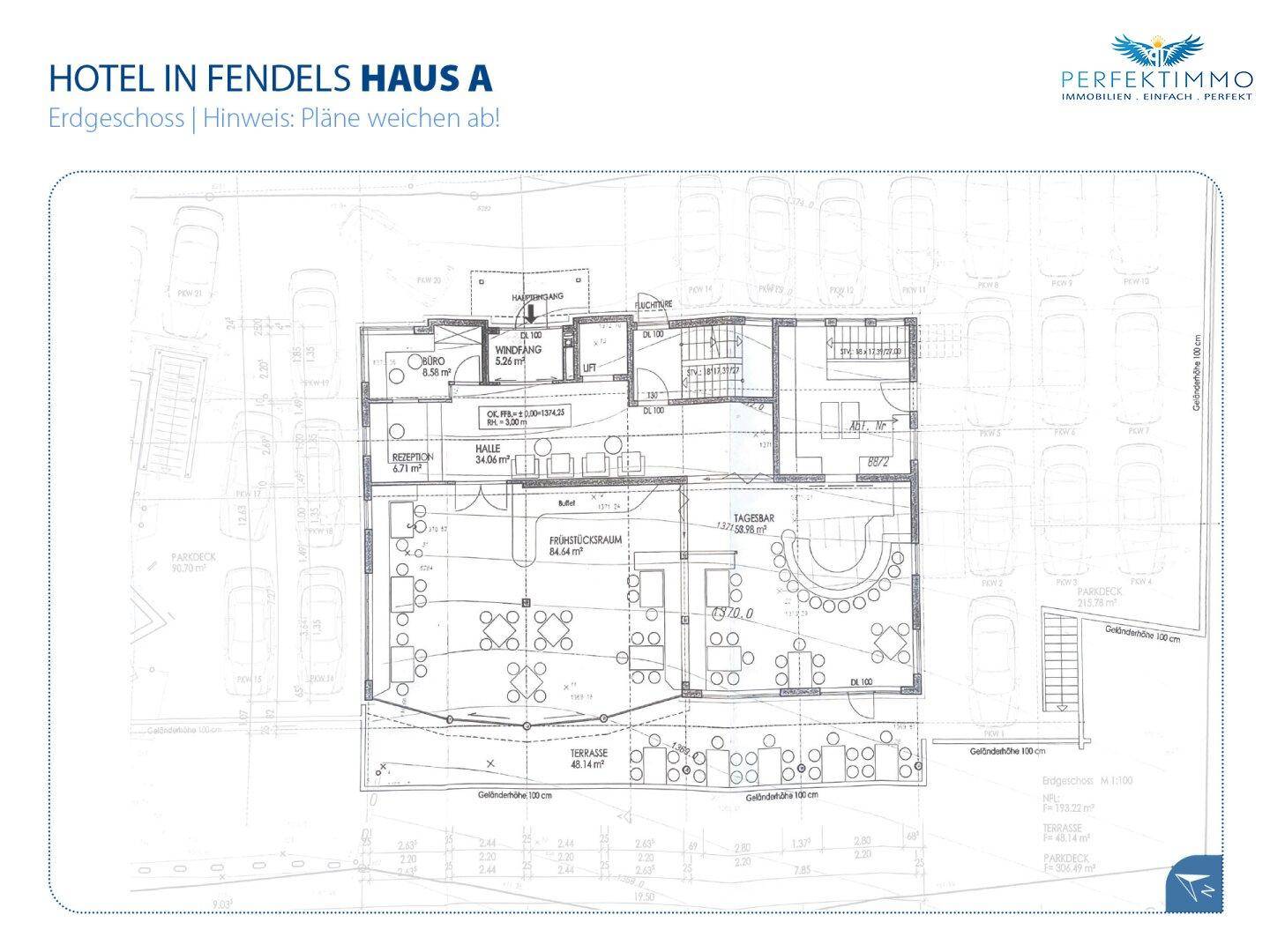 Grundriss des Erdgeschosses von Haus A mit großem Gastronomiebereich und Terrasse.