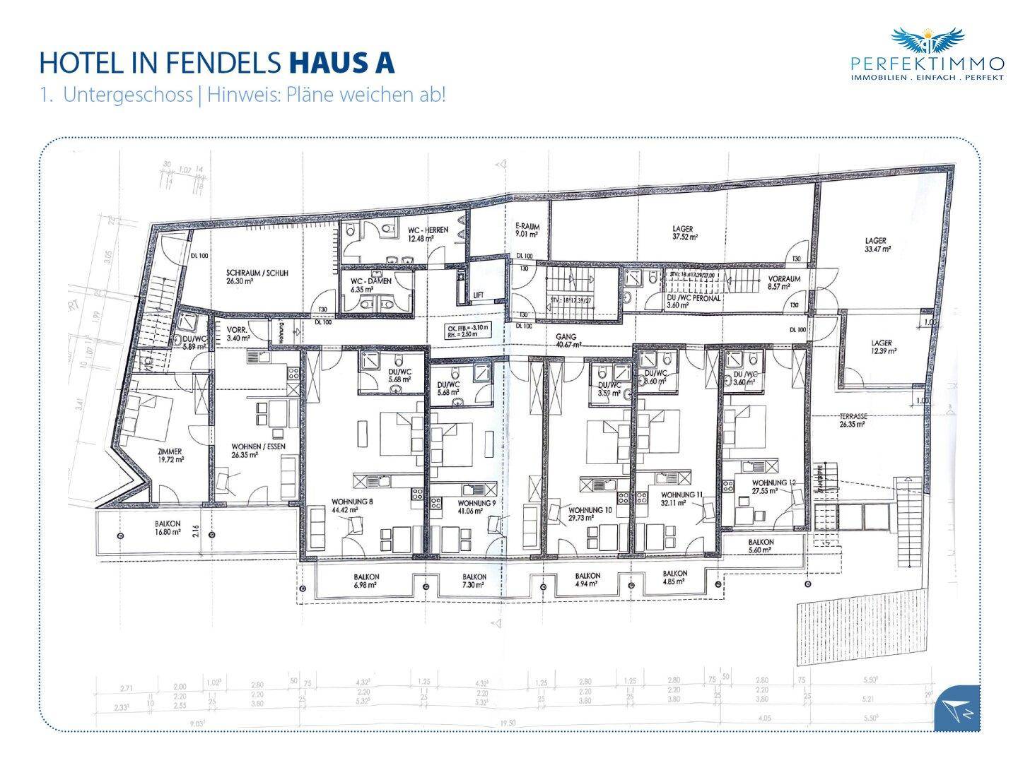 Grundriss des ersten Untergeschosses von Haus A mit mehreren Wohnungen und Balkonen.