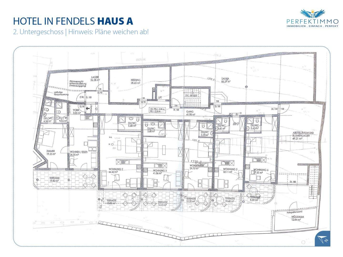 Grundriss des zweiten Untergeschosses von Haus A mit Wohnungen, Terrassen und Wellnessbereich.