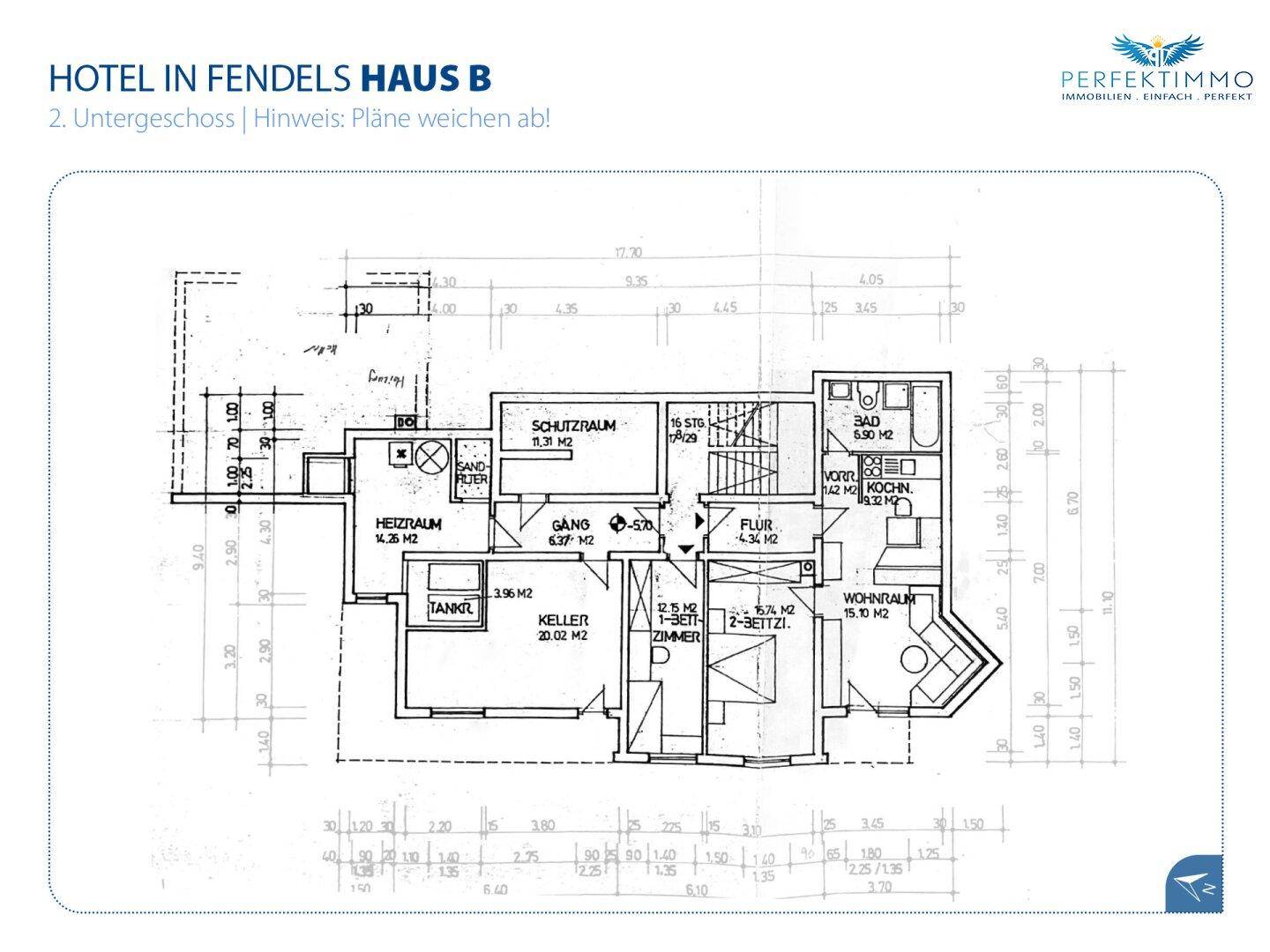 Grundriss des zweiten Untergeschosses von Haus B mit Keller, Heizraum und Wohnbereich.