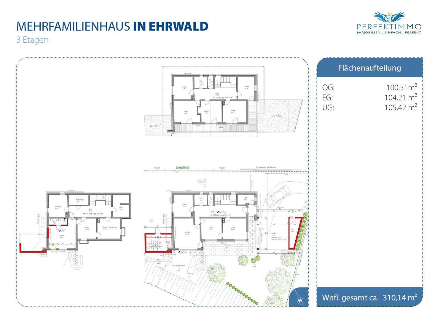 Grundrisse für ein Mehrfamilienhaus in Ehrwald über drei Etagen mit Flächenaufteilung.
