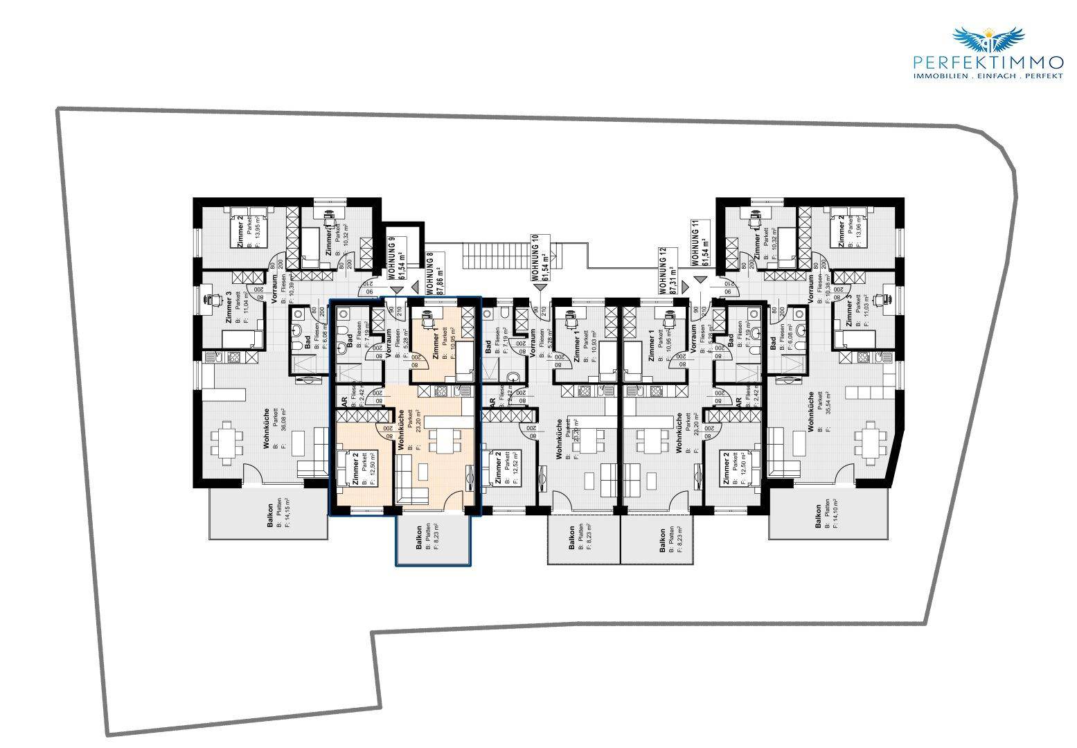 Übersichtsplan einer Etage mit mehreren Wohneinheiten, jeweils mit Balkon und offener Gestaltung.