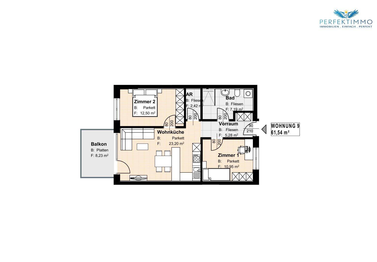 Grundriss der Wohnung 9 mit offener Wohnküche, zwei Schlafzimmern und Balkon.