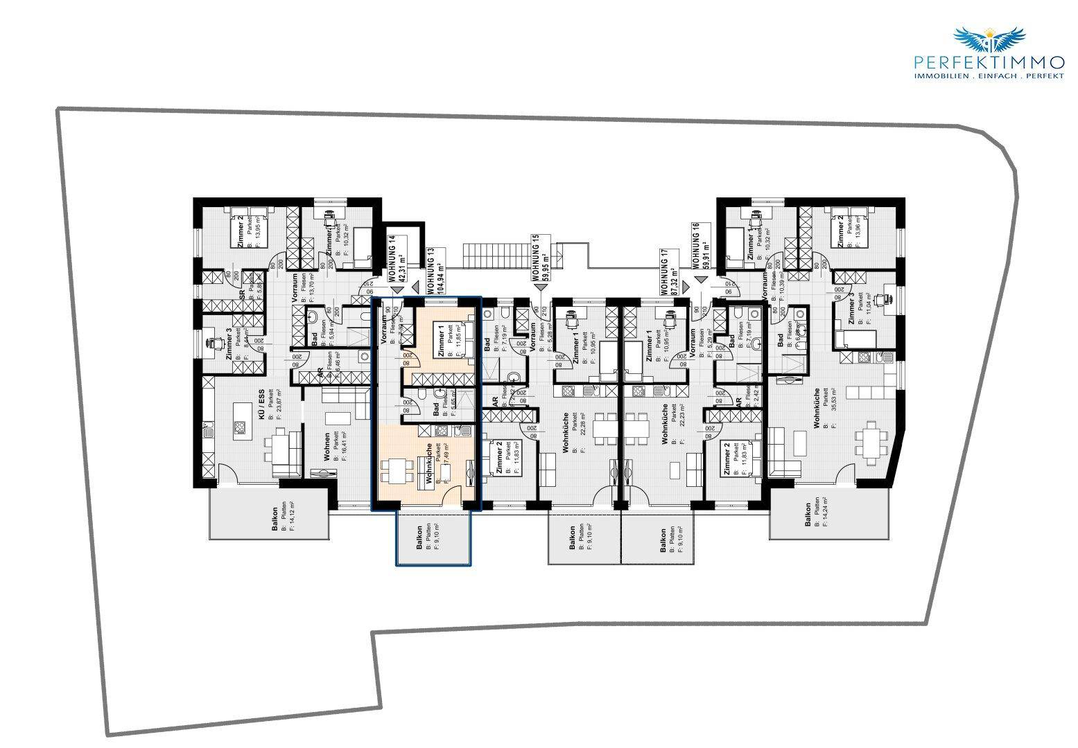 Übersichtsplan einer Etage mit mehreren Wohnungen, jeweils mit Balkon und offener Wohnküche.
