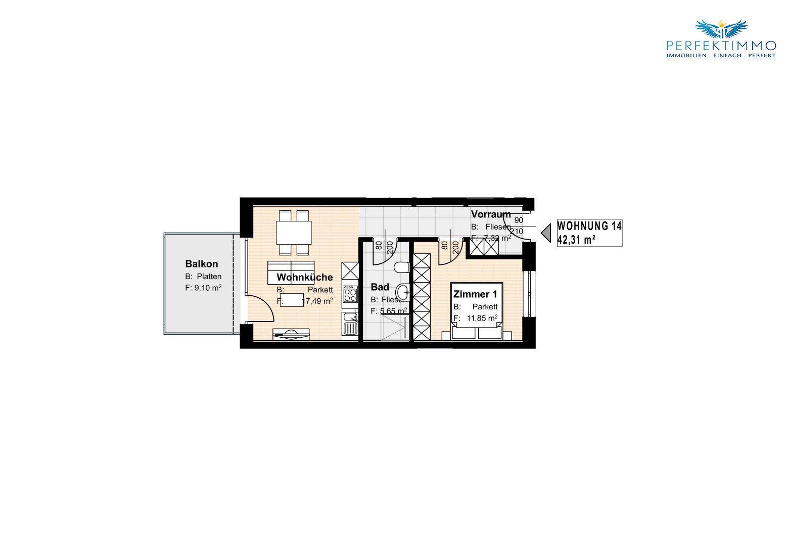 Grundriss der Wohnung 14 mit Wohnküche, Schlafzimmer, Bad und Balkon.