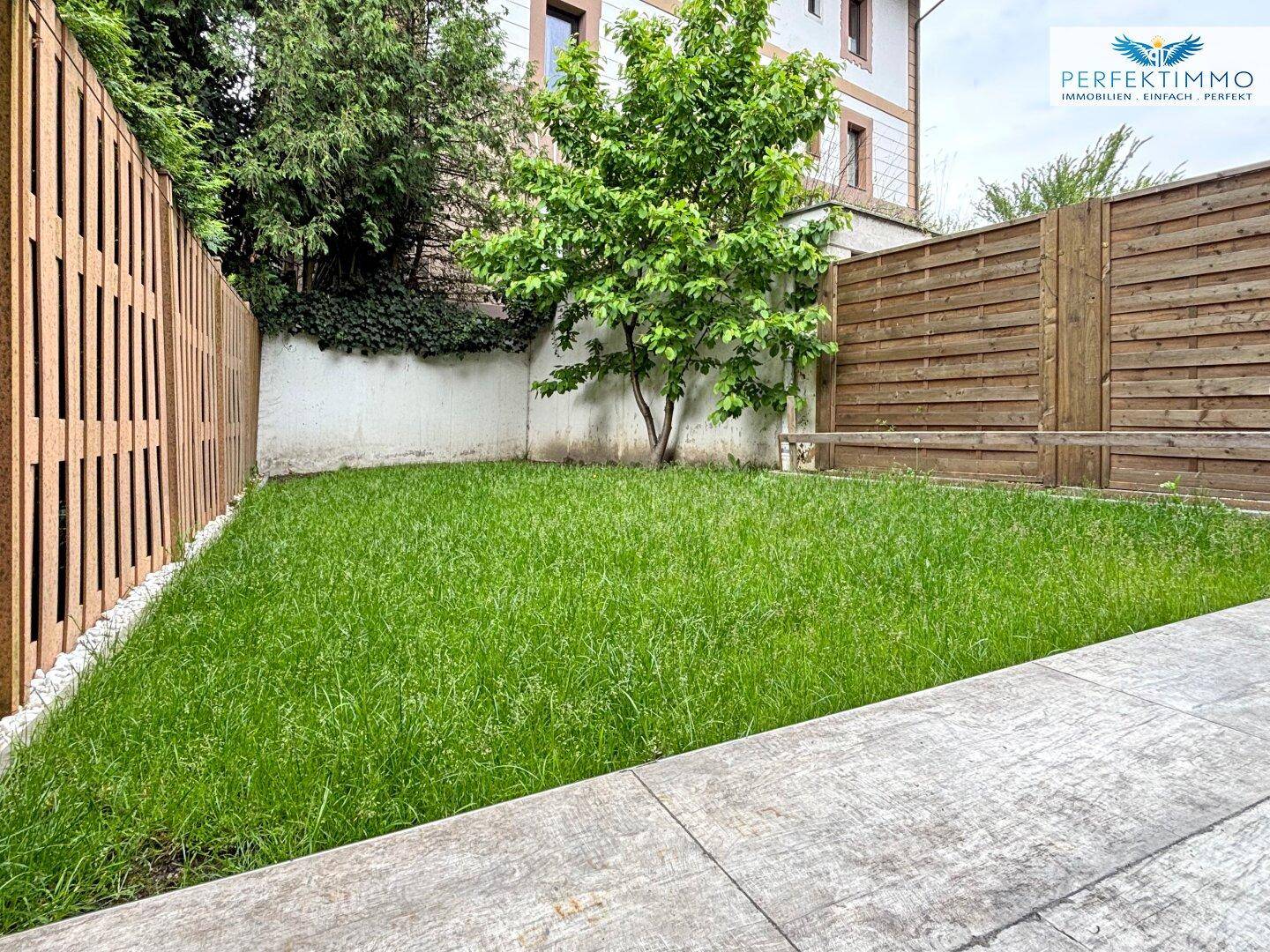 Eingezäunter Gartenbereich mit grünem Rasen und einem kleinen Baum, ideal zum Entspannen.