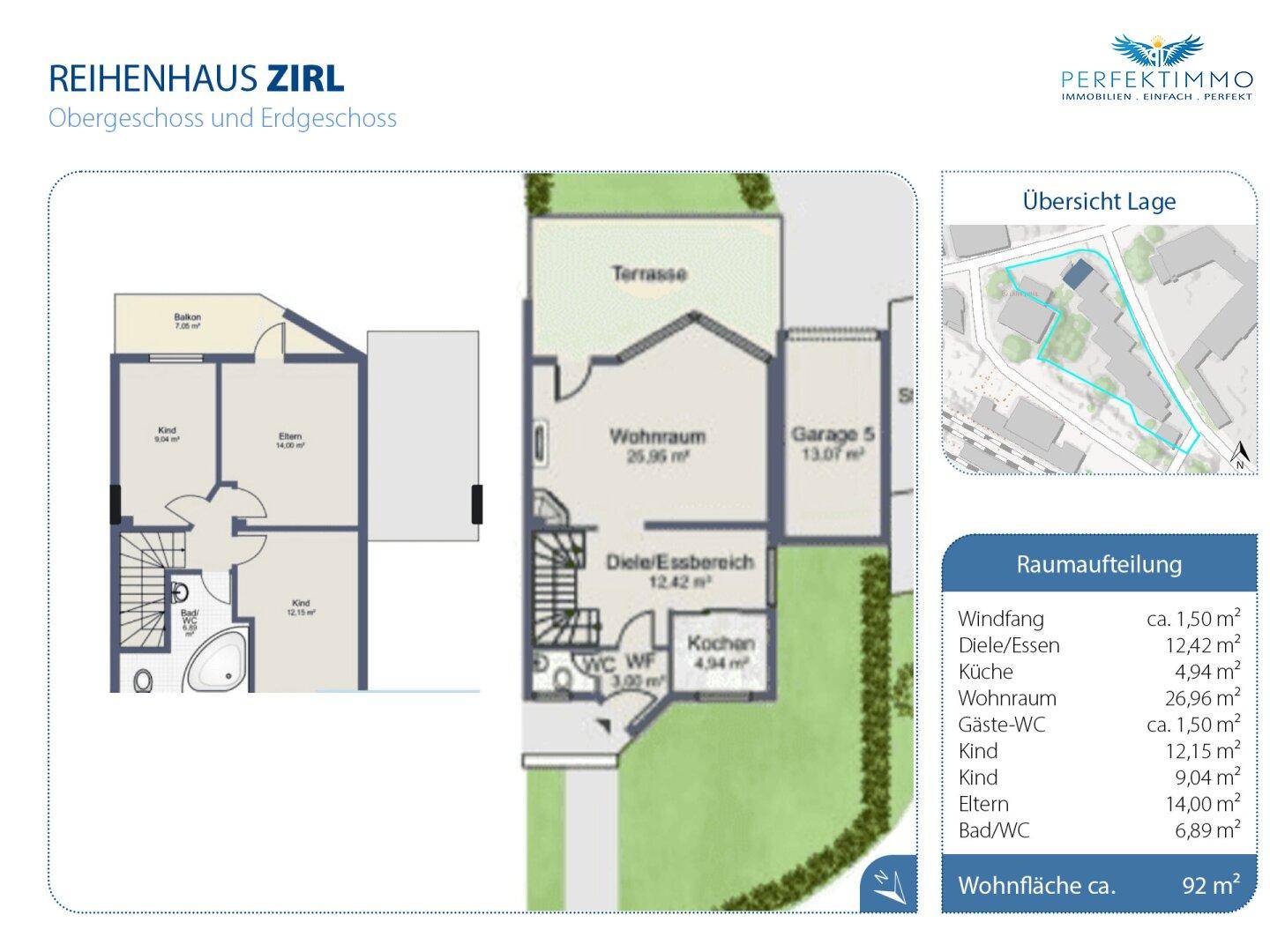 Grundriss des Ober- und Erdgeschosses eines Reihenhauses mit Raumaufteilung und Lageübersicht.