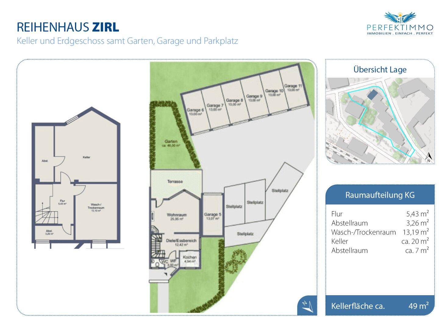 Grundriss des Kellers und Erdgeschosses eines Reihenhauses mit Garage und Parkplätzen.