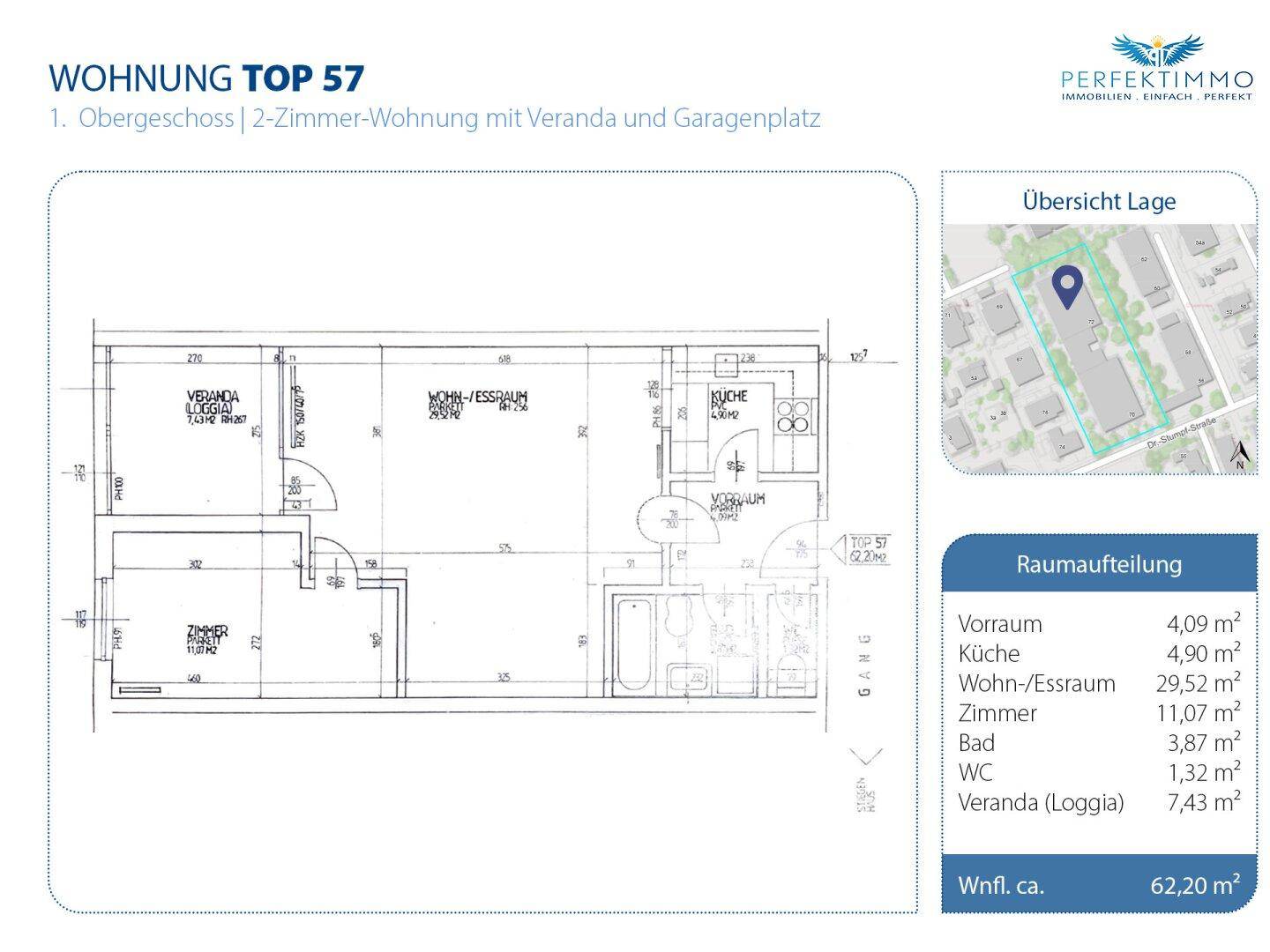 Grundriss der Wohnung Top 57 im 1. Obergeschoss mit Veranda und Garagenplatz.