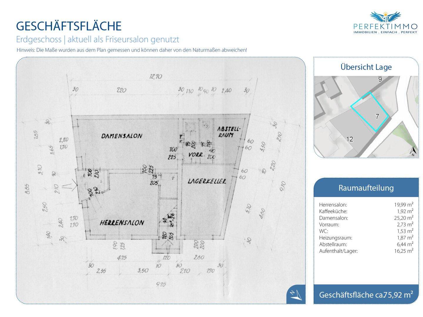 Grundriss einer Geschäftsfläche im Erdgeschoss, derzeit als Friseursalon genutzt.