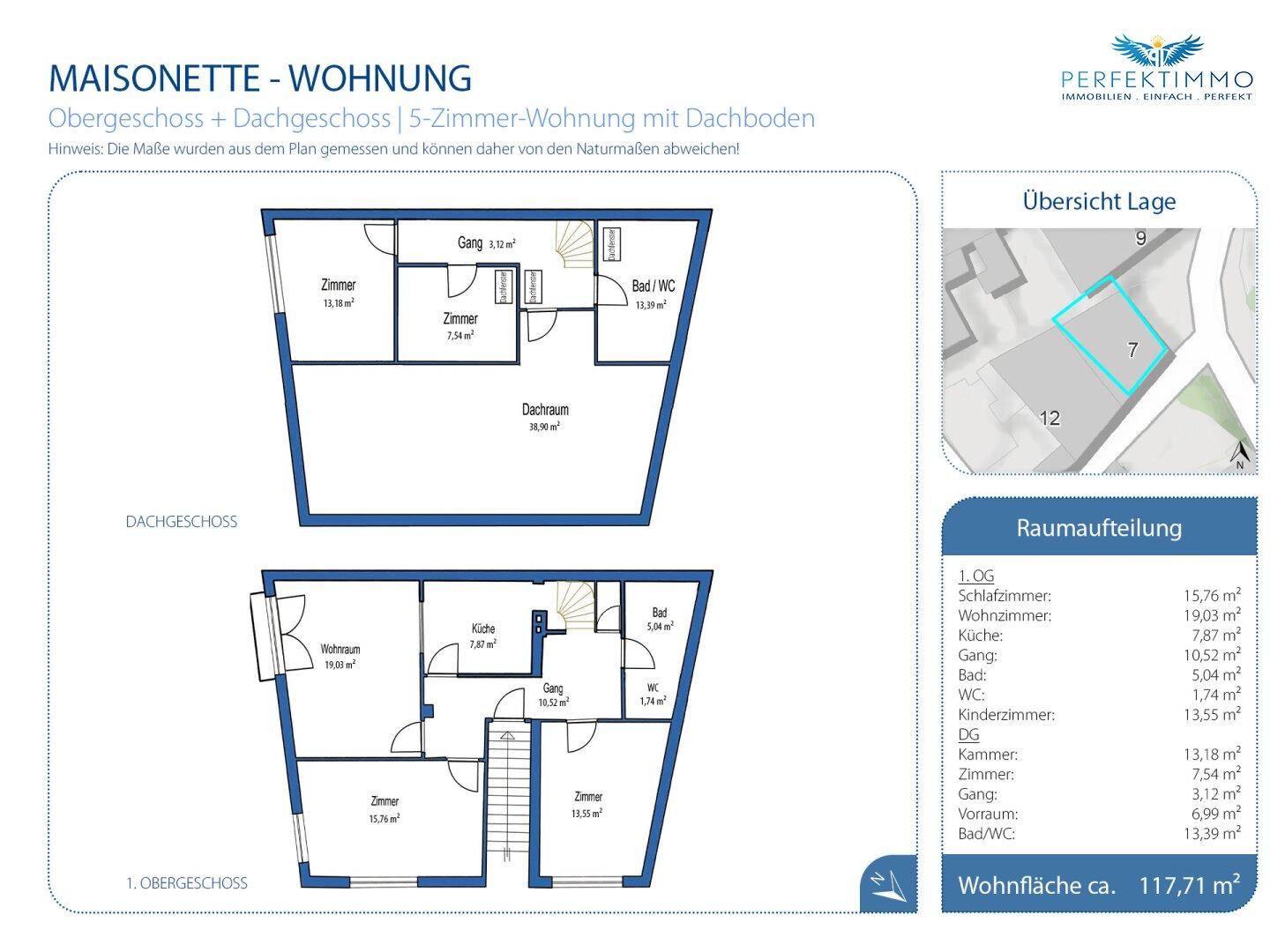 Grundriss einer Maisonette-Wohnung mit Obergeschoss und Dachgeschossaufteilung.