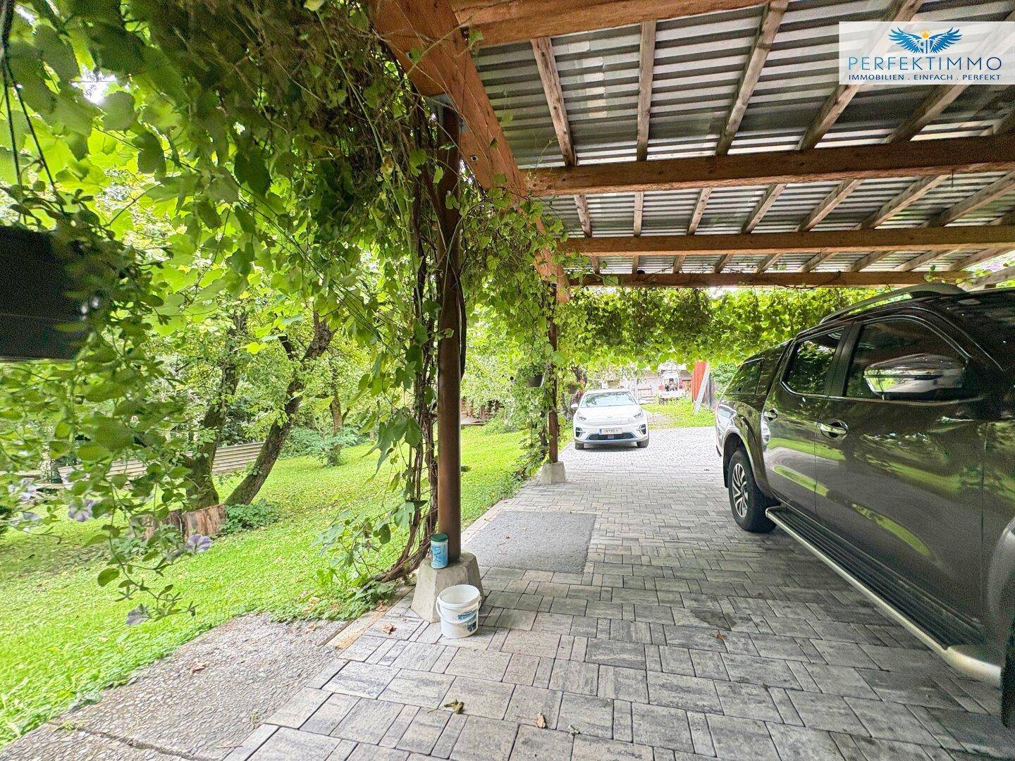 Überdachter Carport mit Kletterpflanzen und gepflastertem Boden für Fahrzeuge.