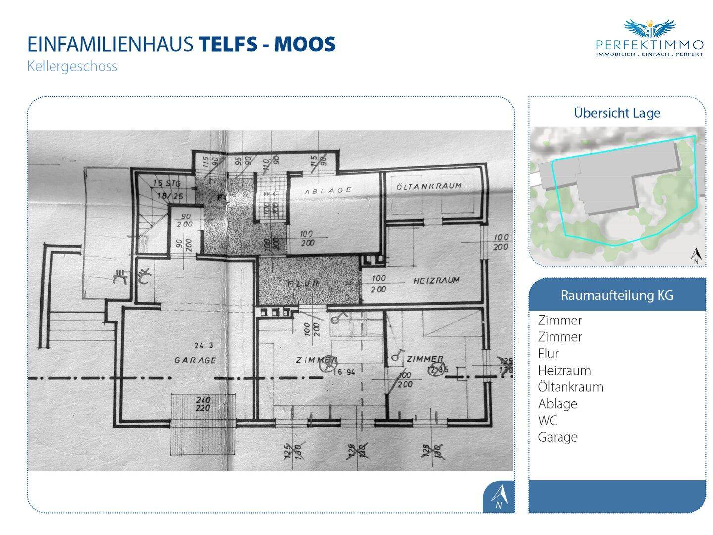 Grundriss des Kellergeschosses mit Garage, Heizraum, Abstellräumen und zusätzlichem WC.