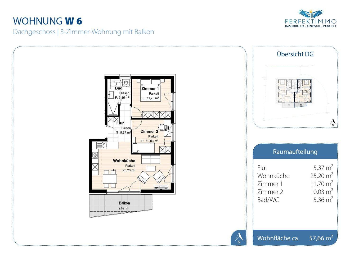 Grundriss einer 3-Zimmer-Dachgeschosswohnung mit Balkon, Bad und offener Wohnküche.