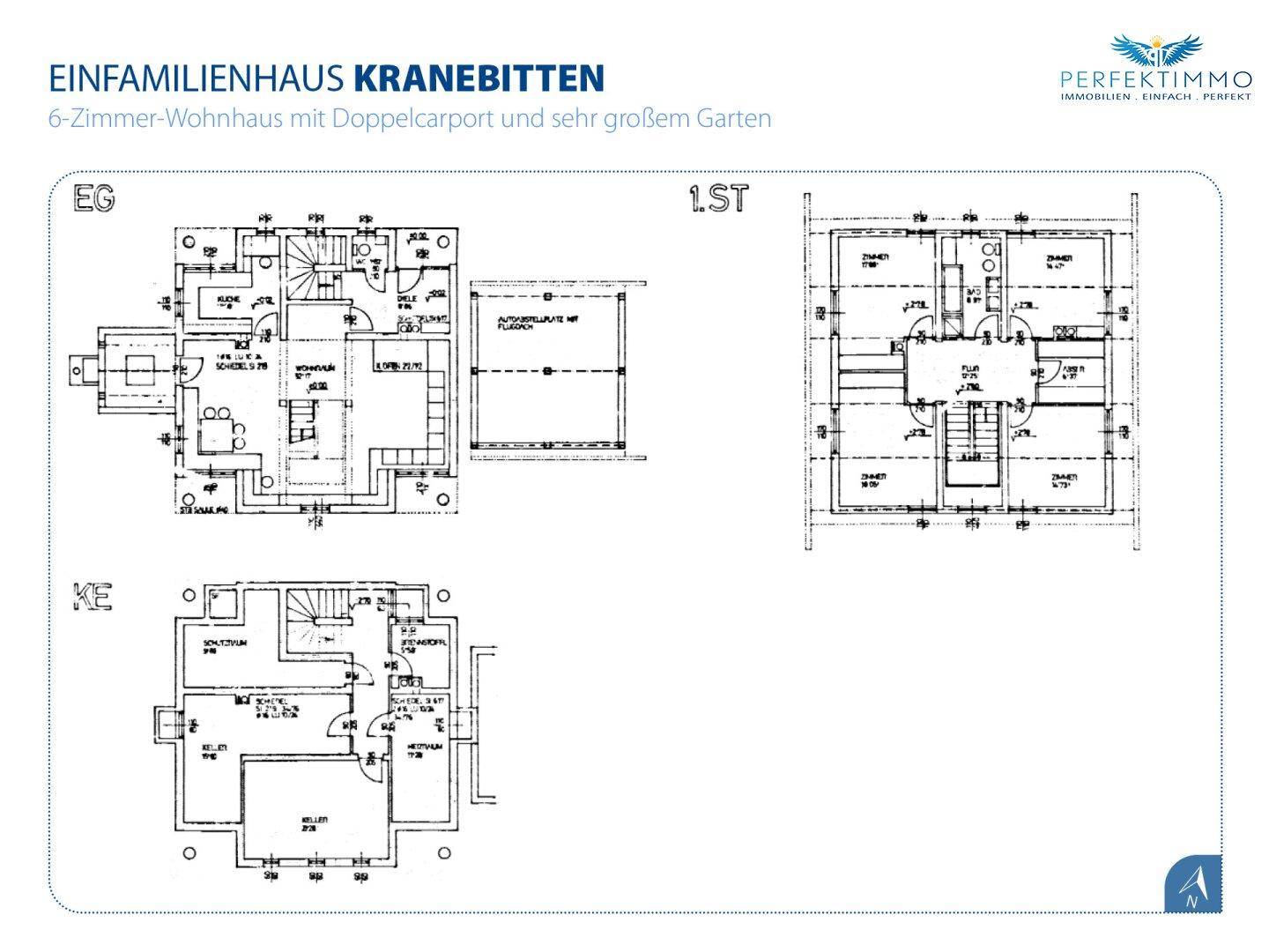 Grundrisspläne für ein Einfamilienhaus mit Erdgeschoss, Obergeschoss und Keller.
