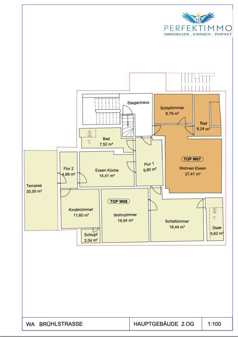 Grundriss der Wohnung im 2. Obergeschoss mit Terrasse und mehreren Zimmern.