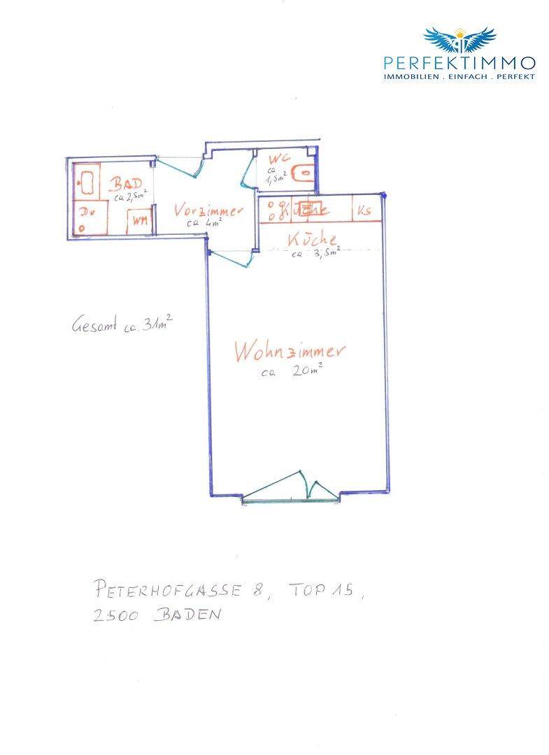 Handgezeichneter Grundriss der Wohnung mit Aufteilung in Wohnzimmer, Küche und Bad.