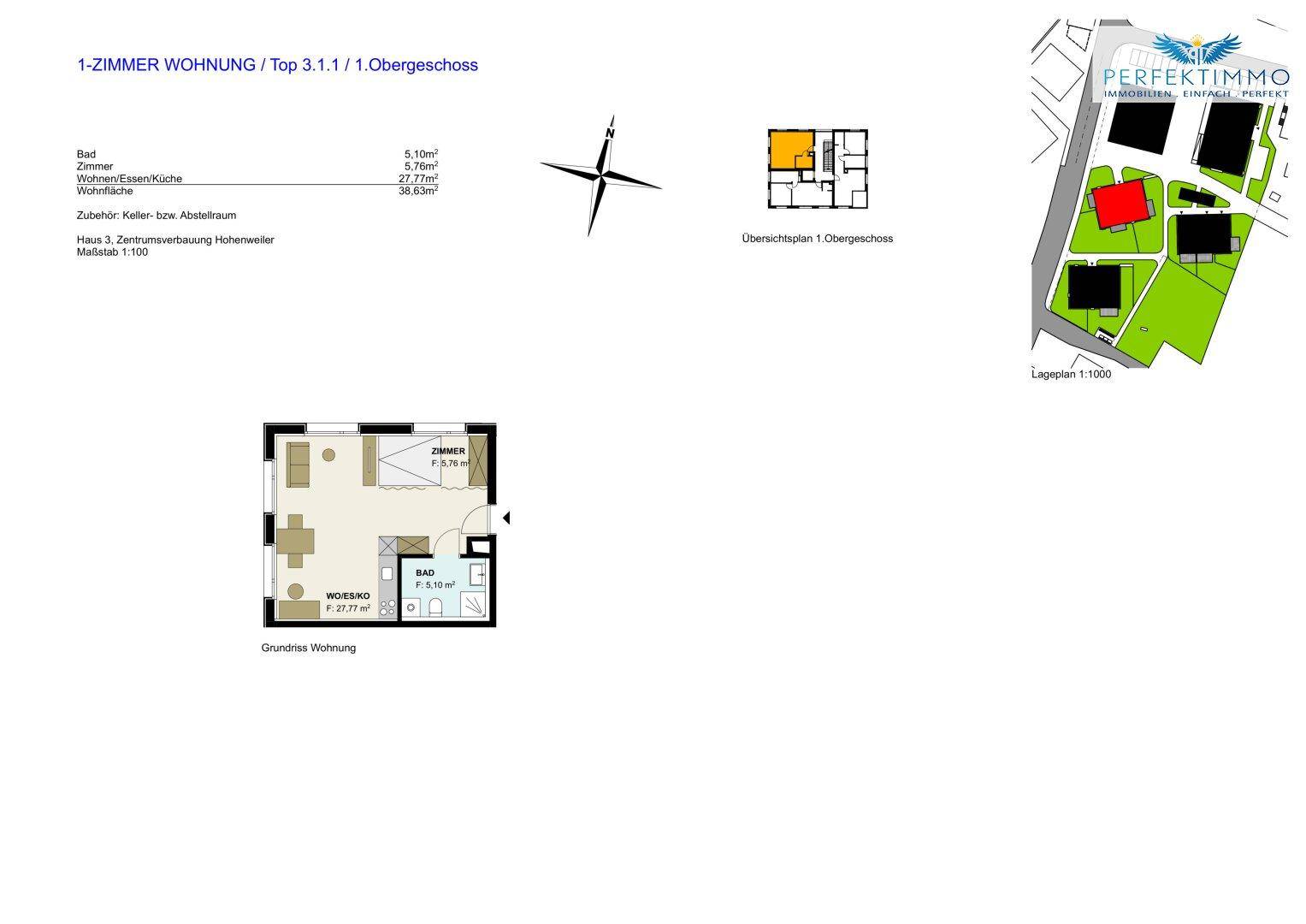 Grundriss einer 1-Zimmer-Wohnung im Obergeschoss mit Bad und offenem Wohn-/Essbereich.