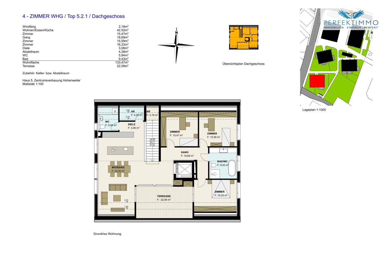 Grundriss einer 4-Zimmer-Wohnung im Dachgeschoss mit offener Küche und großer Terrasse.