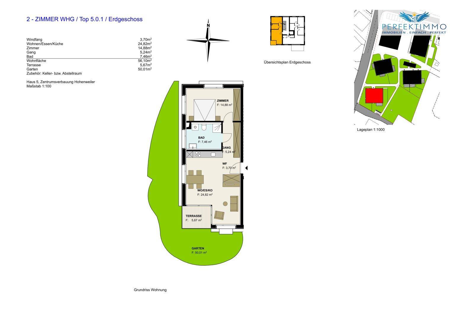 Grundriss einer 2-Zimmer-Wohnung im Erdgeschoss mit Terrasse und Garten.