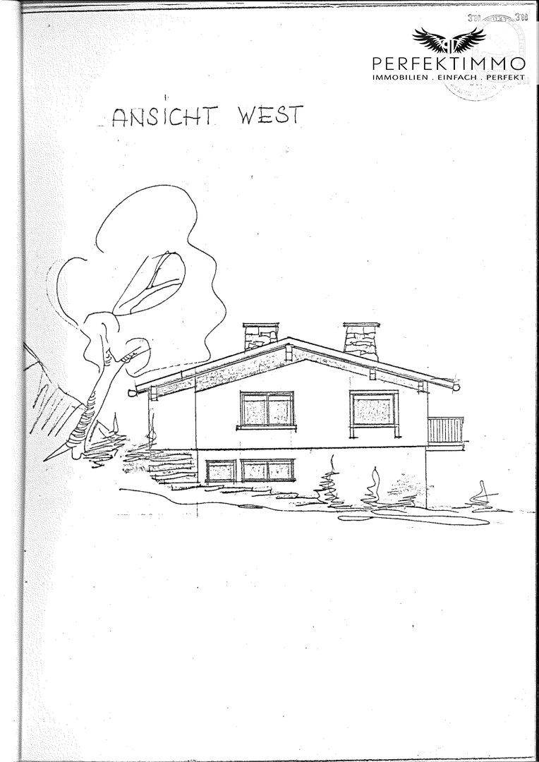 Ansichtszeichnung der Westseite des Hauses mit Fenstern und Balkon.