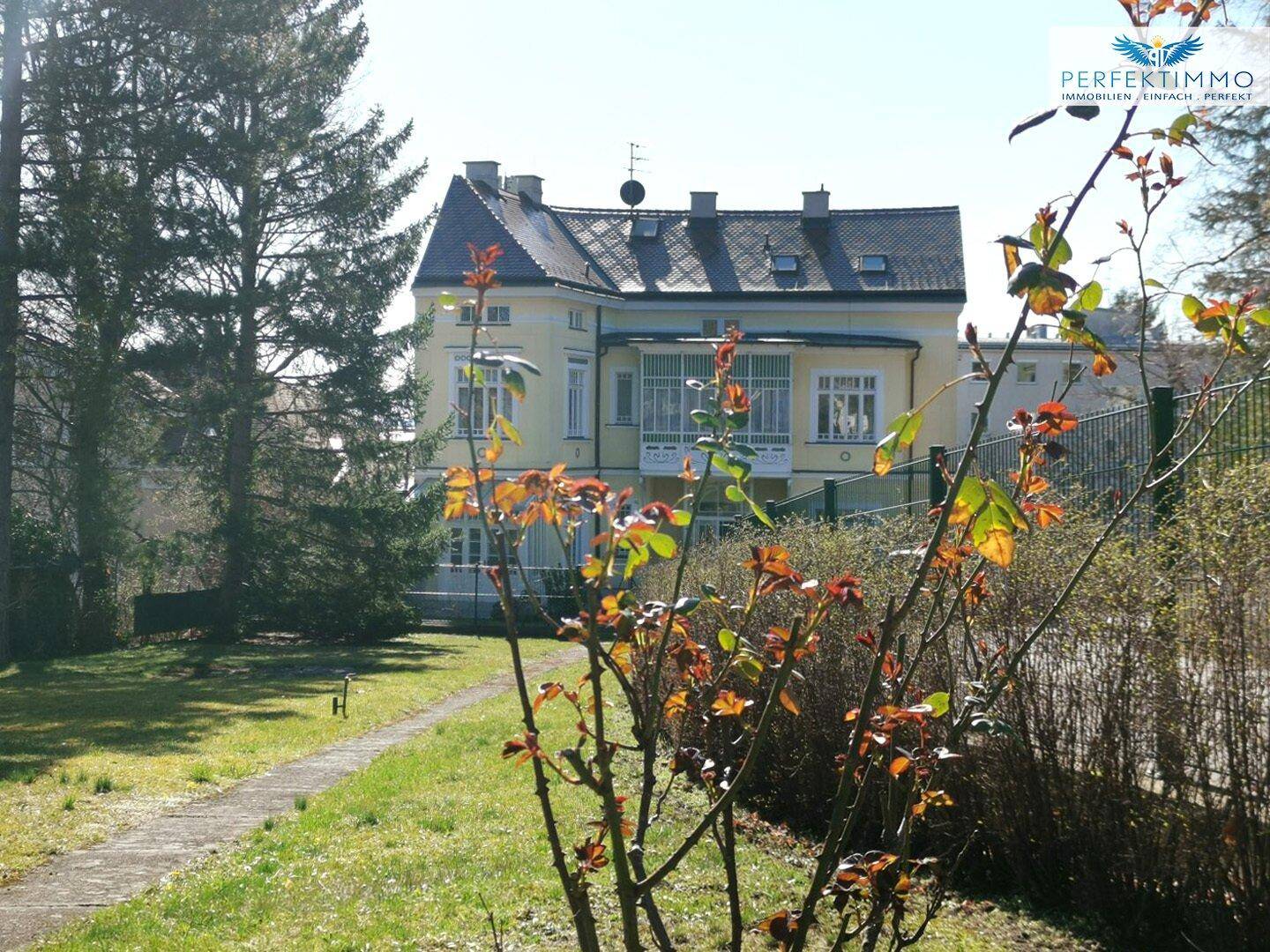 Weitläufiger Gartenbereich mit altem Baumbestand und Blick auf die historische Villa.