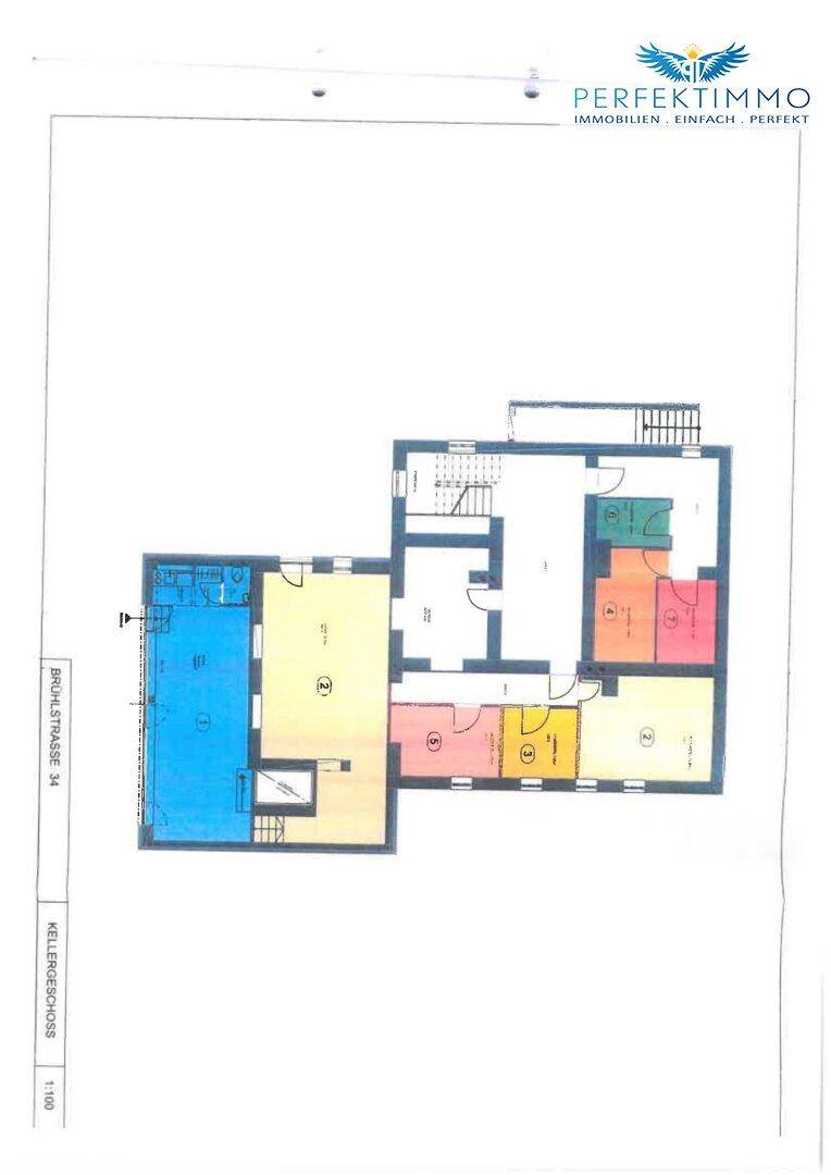 Grundriss des Kellergeschosses mit verschiedenen Räumen und Zugang zum Treppenhaus.