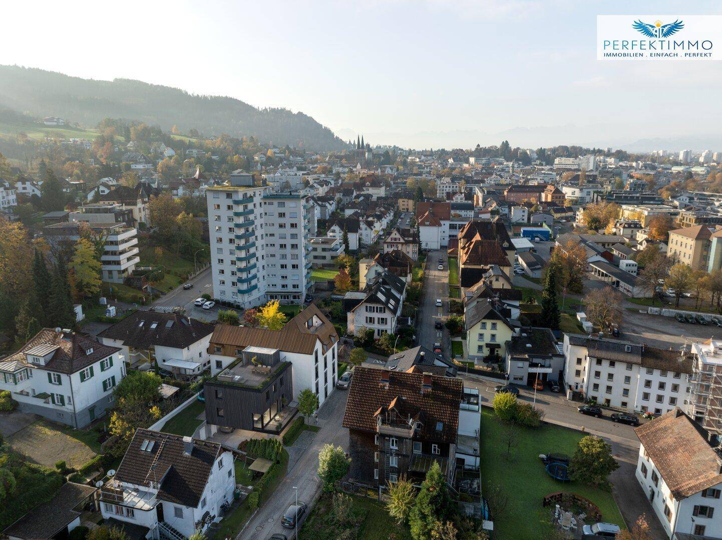 Panoramablick aus der Vogelperspektive auf eine Wohngegend mit vielfältiger Bebauung und viel Grün.