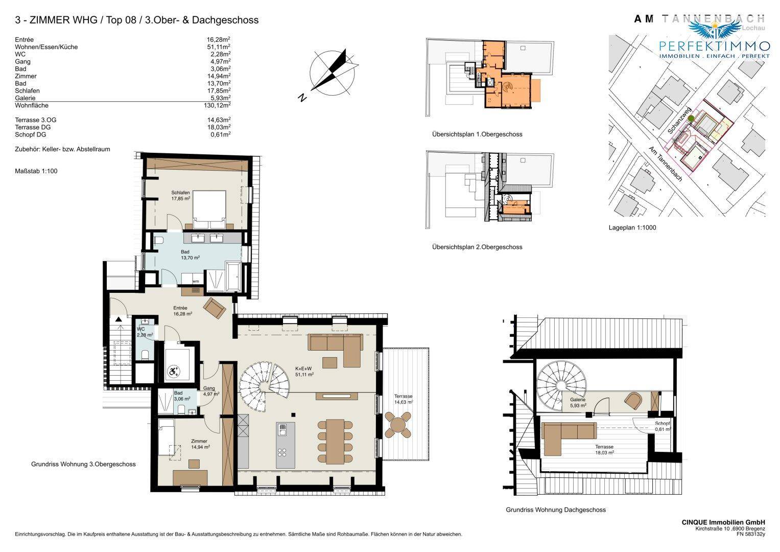 Detaillierter Grundriss einer 3-Zimmer-Wohnung im Ober- und Dachgeschoss mit Terrassen.