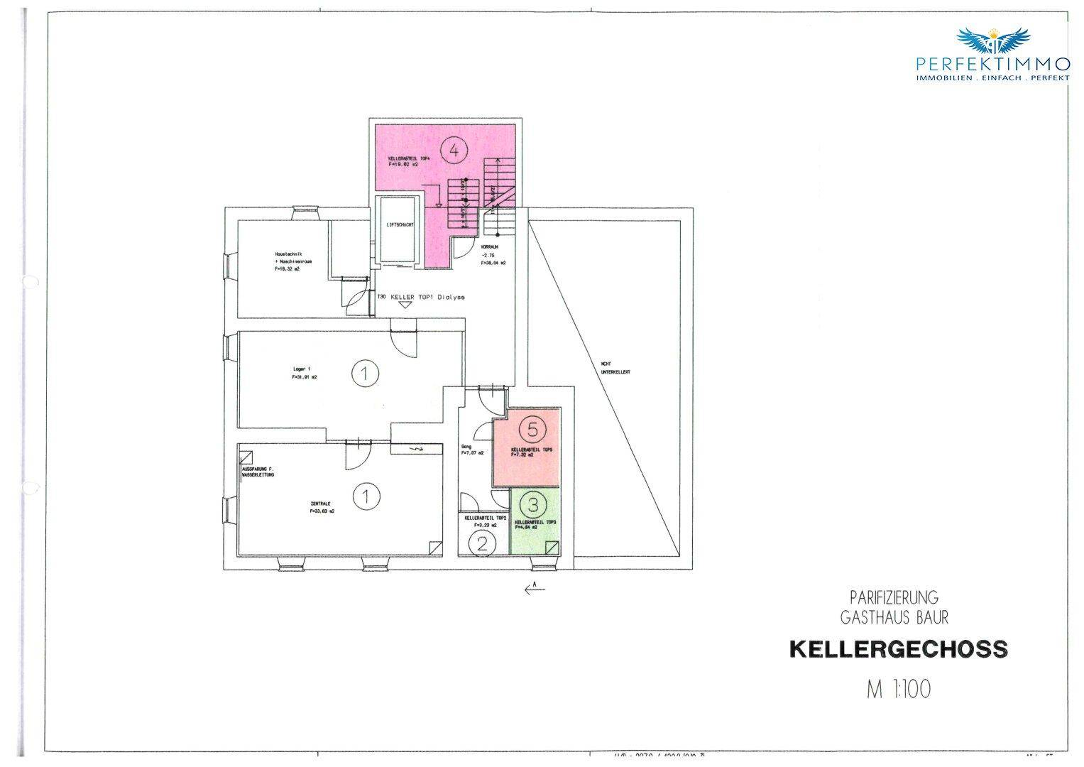 Grundriss des Kellergeschosses eines Gasthauses mit Abstellräumen und Treppenhaus.