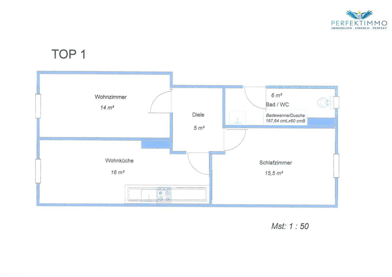 Grundriss der Wohnung TOP 1 mit Wohnzimmer, Wohnküche und einem Schlafzimmer.