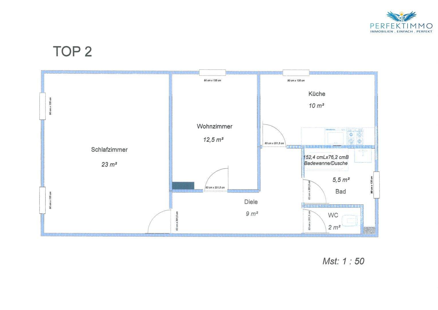 Grundriss der Wohnung TOP 2 mit separater Küche, Wohnzimmer und einem Schlafzimmer.