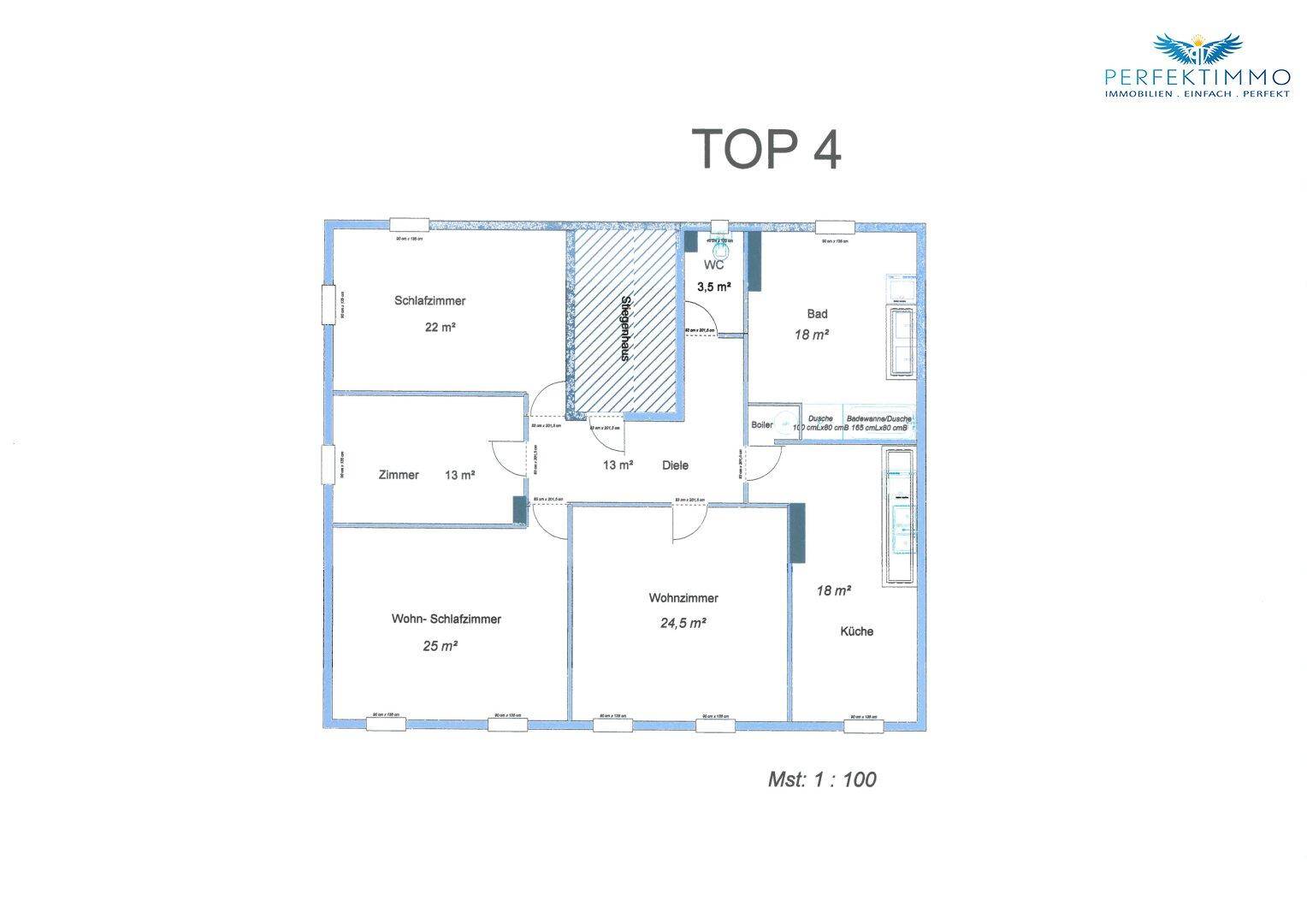 Grundriss der Wohnung TOP 4 mit Schlafzimmer, weiterem Zimmer, Wohnzimmer und Küche.
