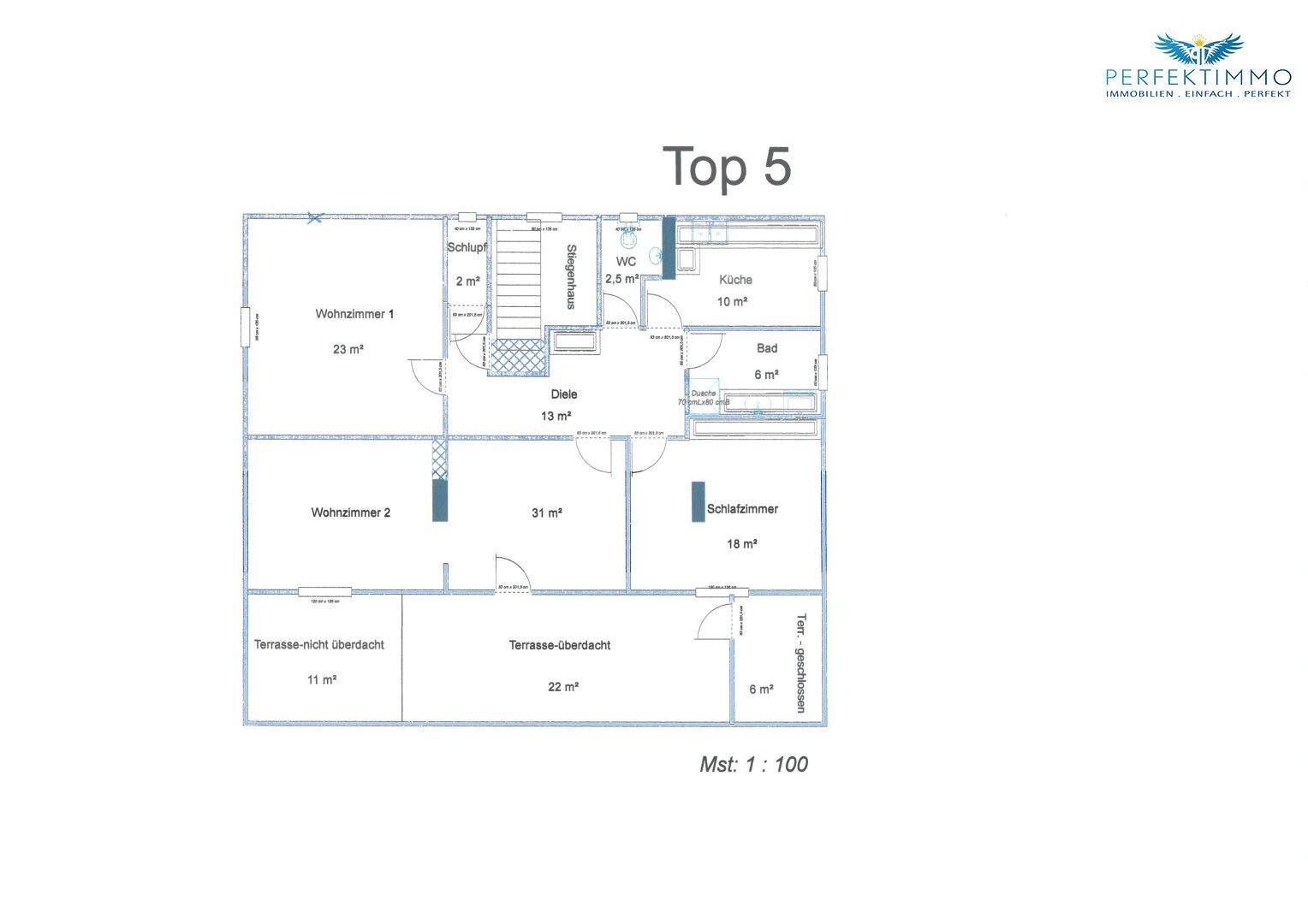 Grundriss der Wohnung TOP 5 mit zwei Wohnzimmern, Schlafzimmer, Küche und zwei Terrassen.