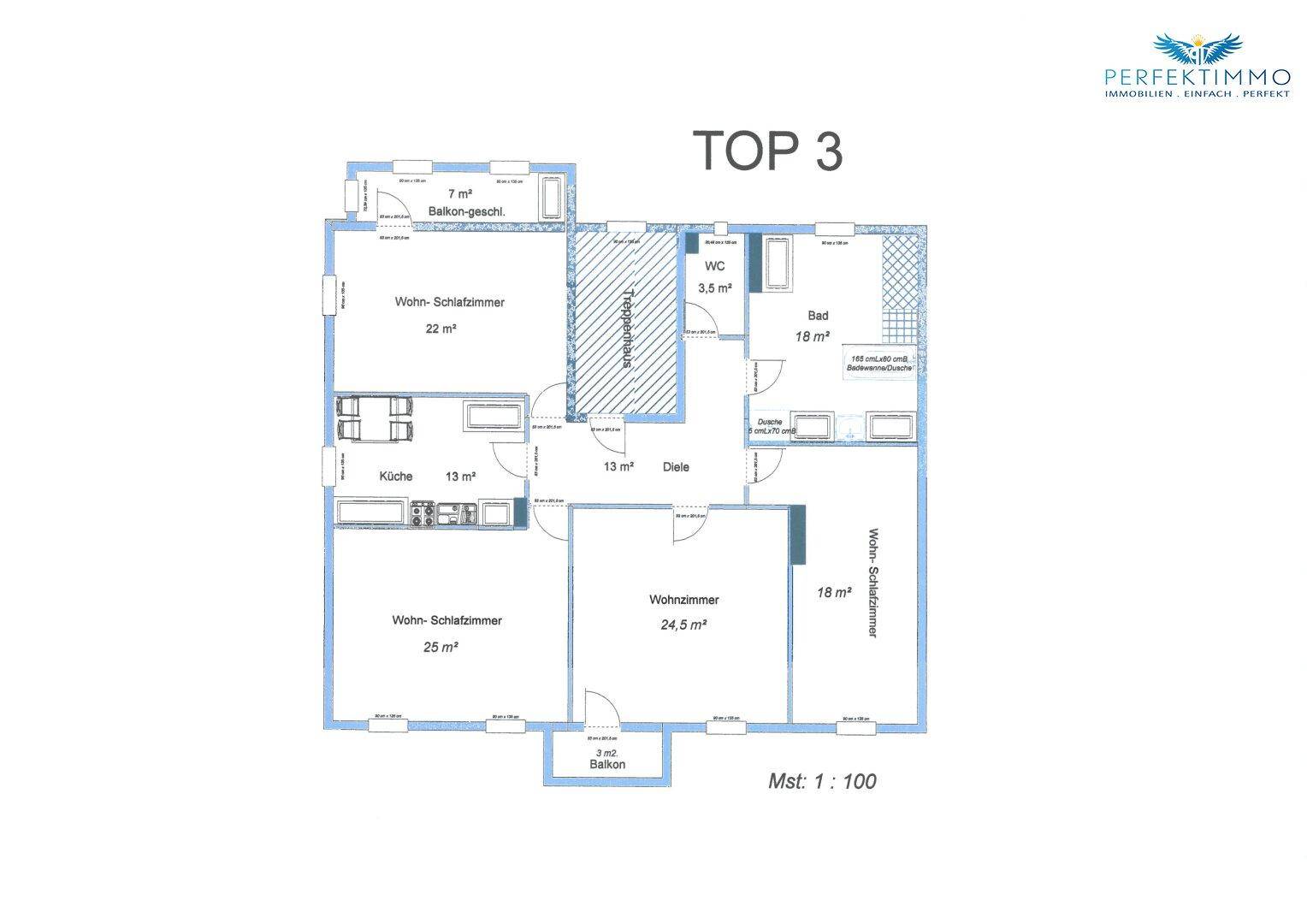 Grundriss der Wohnung TOP 3 mit zwei Wohn-Schlafzimmern, Küche, Bad und Balkon.
