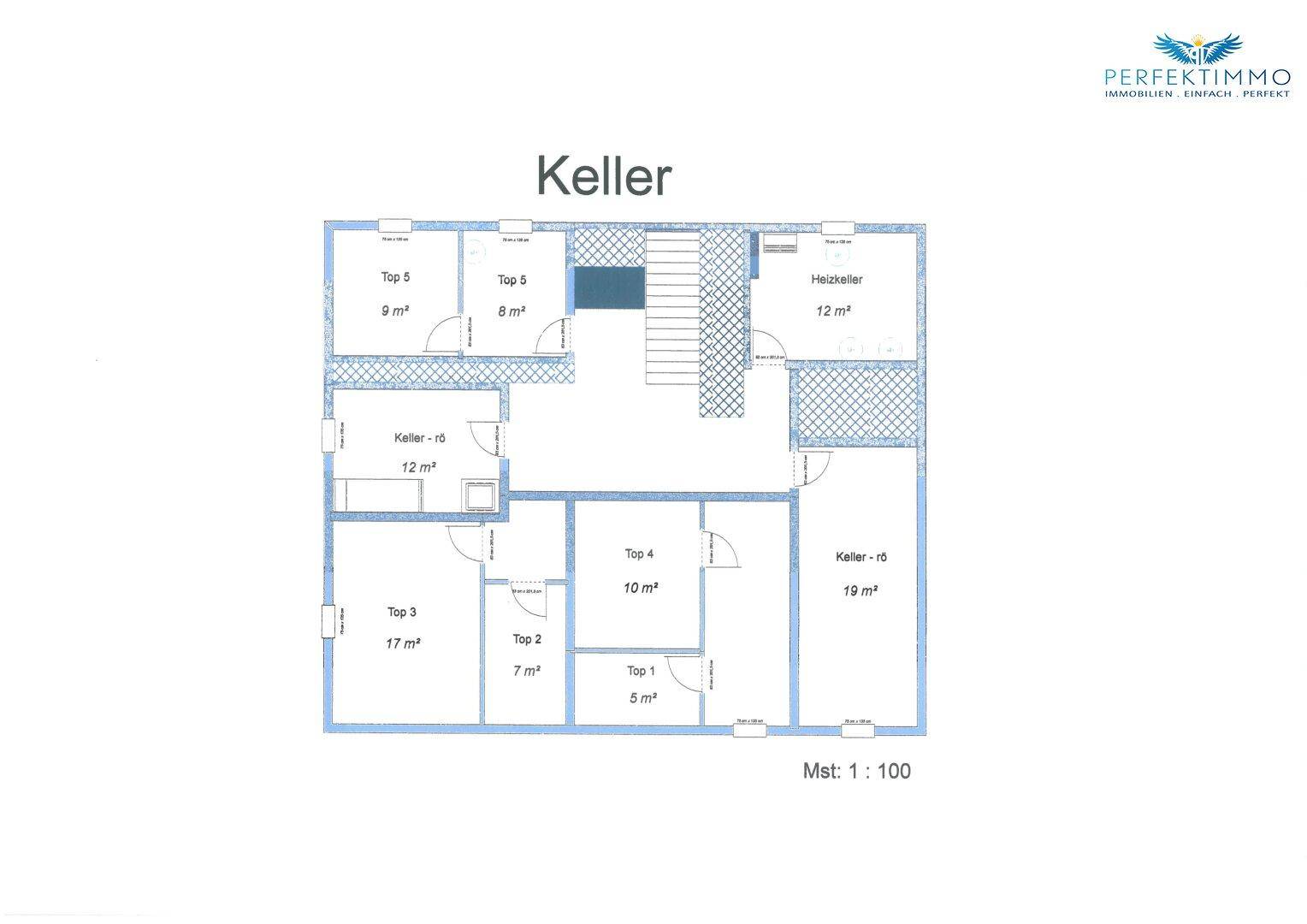 Grundriss des Kellers mit verschiedenen Abteilen und dem Heizungskeller.