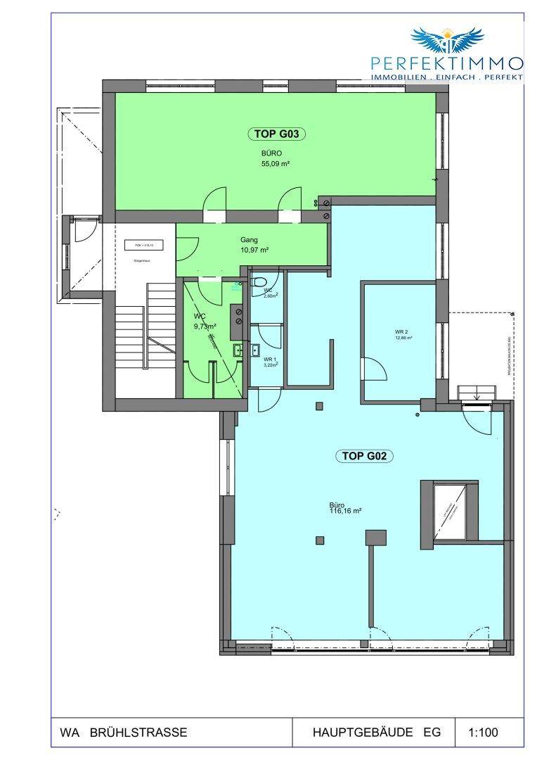 Grundriss des Erdgeschosses mit Büroräumen und weiteren Funktionsbereichen.